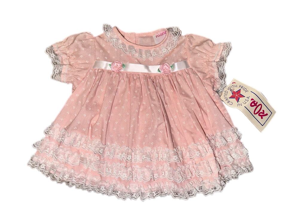 Vintage Roanna NWT Baby Dress Pink Floral Lace Trim Satin Ribbon Rosettes 6-9M